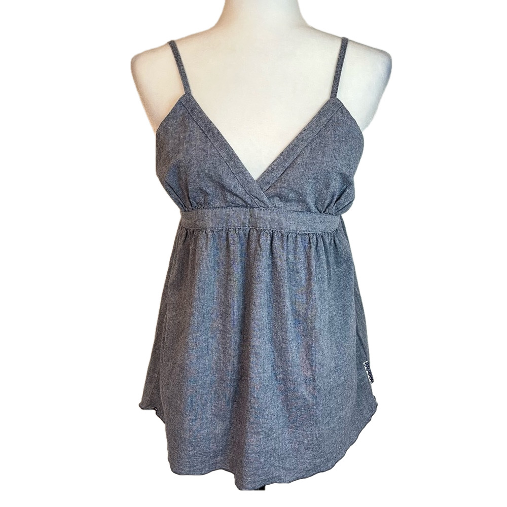 Powder Room Y2K Chambray Babydoll Smocked Top Adjustable Spaghetti Strap Large
